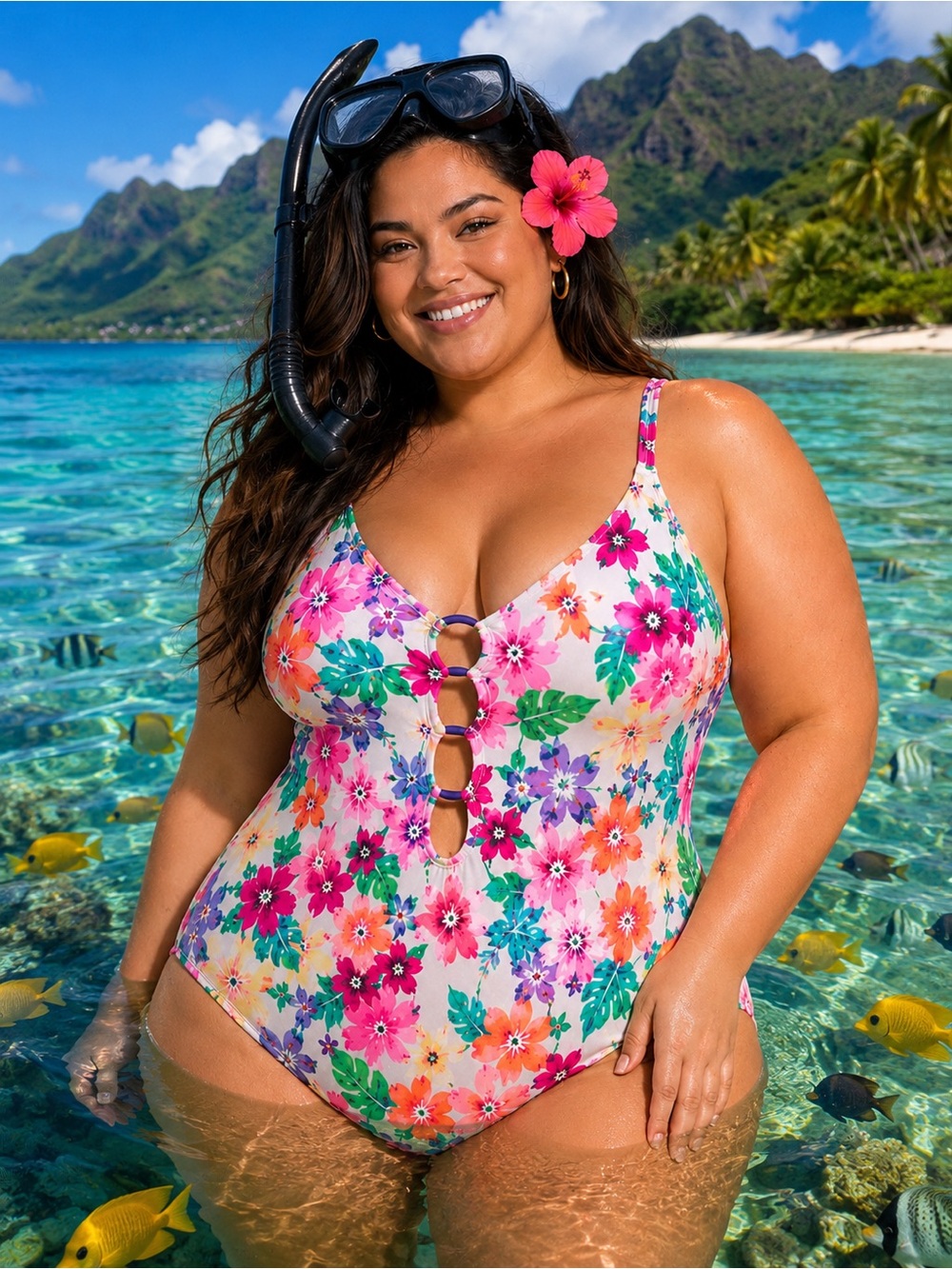 #S63 Plus-Size Floral One-Piece Swimsuit in Multicolor-Size 16/18